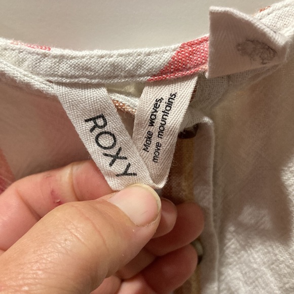 Roxy Small Dress Flare Sleeveless White Pink Striped Button Up Linen Blend - Picture 2 of 4